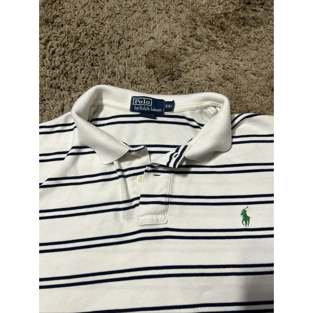 Polo Ralph Lauren Polo Shirt Mens XXL Knit Cotton White‎ Blue Stripes